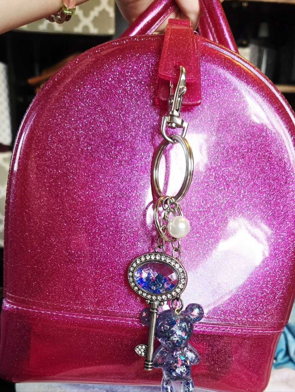 Handmade Blue Glitter Bear Keychain with Decorative Key Charm